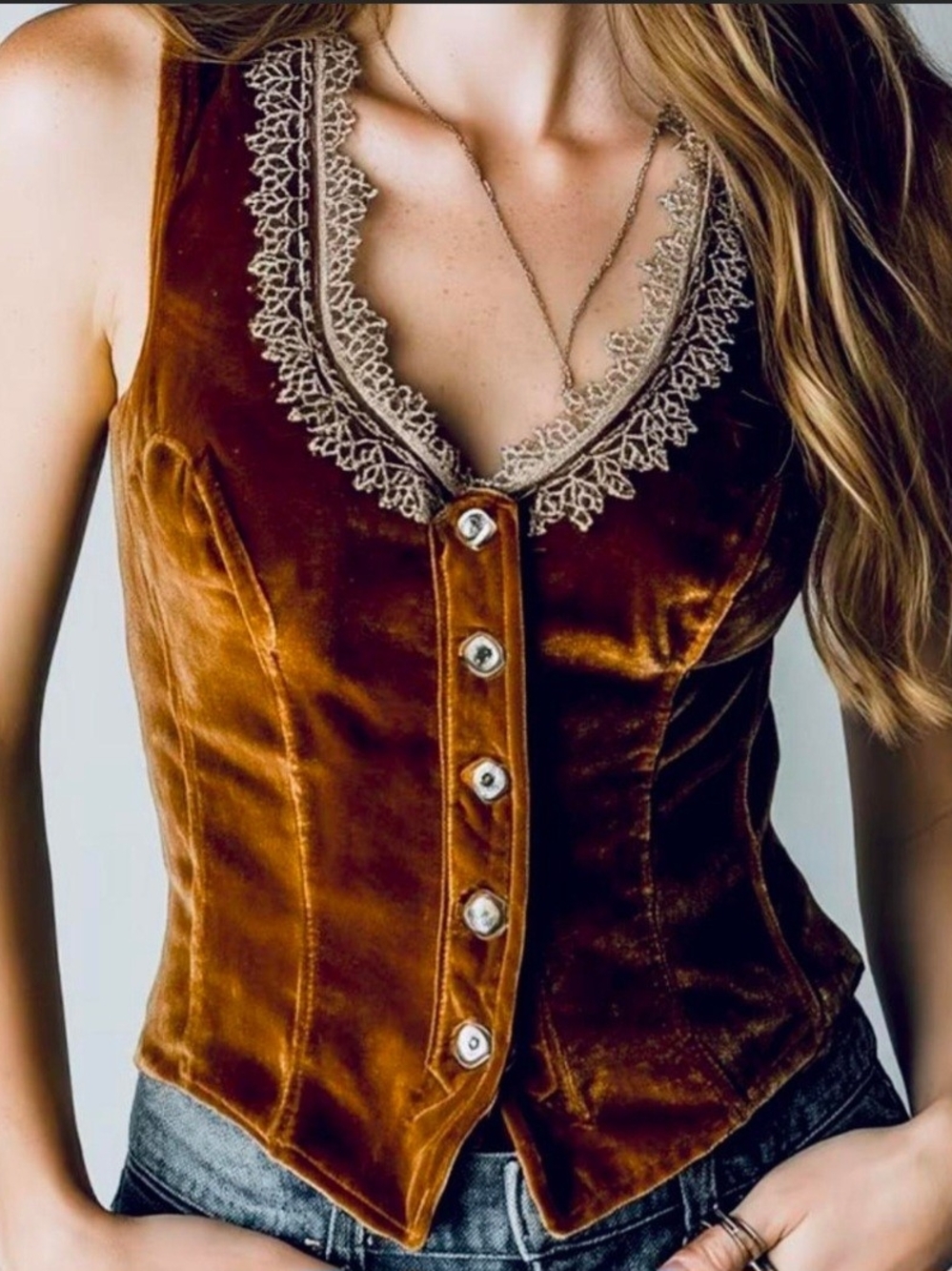 Velvet Lace-Trim Button Front Tank Top in Rust